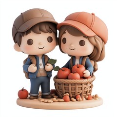 Wall Mural - Couple going apple picking Cartoon Clay Illustration, 3D Icon, Isolated on white background