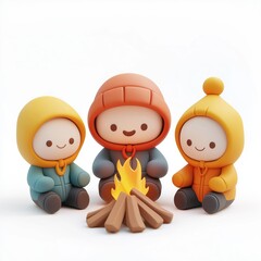 Wall Mural - Friends having a bonfire in the backyard Cartoon Clay Illustration, 3D Icon, Isolated on white background