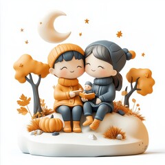 Wall Mural - Friends stargazing on a cool fall night Cartoon Clay Illustration, 3D Icon, Isolated on white background