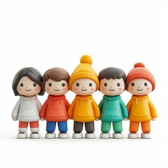 Wall Mural - Group of friends in fall weather Cartoon Clay Illustration, 3D Icon, Isolated on white background