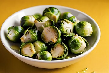 Wall Mural - Tender Brussels sprouts splash into a bowl of rich garlic butter, with vivid droplets and splashes against a bright yellow background