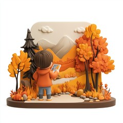 Wall Mural - Person painting a fall landscape Cartoon Clay Illustration, 3D Icon, Isolated on white background