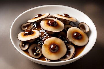 Wall Mural - Earthy sliced mushrooms splash into a bowl of rich soy sauce, with vivid droplets and splashes against a dark brown background.