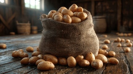 Abundant Organic Potatoes Spilling from Sack onto Rustic Floor - 3D Illustration of Fresh Harvest