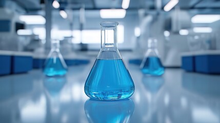 In a clean white laboratory, there is an open beaker filled with transparent blue liquid on a smooth table, with two other glassware in front and blurry laboratory equipment, generative artificial int