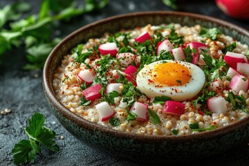 Healthy Buckwheat Porridge with Boiled Egg, Radish, Green Herbs, and Tabbouleh: Top View Breakfast