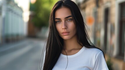 A woman with long dark hair and green eyes stands on an empty street, dressed in a casual white shirt, with a blurred background of urban buildings and greenery in summer.