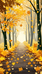 Wall Mural - golden autumn leaves scattered on peaceful woodland pa background art design backdrop