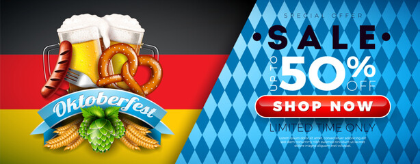 Sticker - Oktoberfest Sale Banner Illustration with Fresh Lager Beer, Pretzel and Sausage on German and Bavaria Flag Background. Vector Beer Festival Flyer Template for Coupon, Voucher, Banner, Flyer