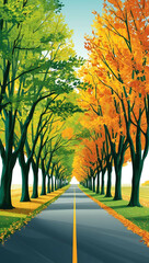 Poster - green autumn trees lining a calm country road background art design backdrop