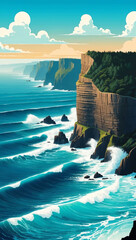 Wall Mural - ocean cliffside view with crashing waves below background art design backdrop