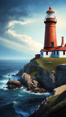 Poster - old lighthouse perched on a rugged cliffside background art design backdrop