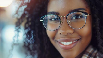 Smiling woman wearing glasses in a portrait, showcasing vision care with eyewear and prescription lenses, highlighting eye health and optometry