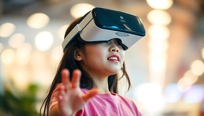 girl wearing a virtual reality headset, exploring a digital world with her hands outstretched, surrounded by a blurred background with bokeh lights created with generative ai