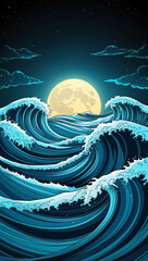 Poster - rolling waves illuminated by the moonlight glow background art design backdrop