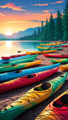 Sticker - row of colorful kayaks on a lakeshore at sunset background art design backdrop