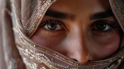 Portrait of a woman in traditional attire with a hijab, showcasing cultural beauty, jewelry, and fashion in a studio setting