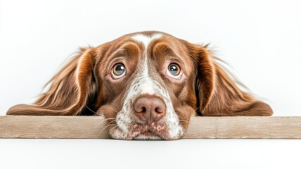 A close-up of a brown and white dog with expressive eyes resting on a surface, depicting a sense of curiosity and longing.