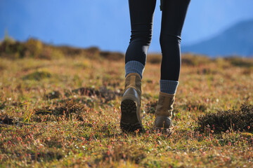 Wall Mural - Hiker legs wearing  leather boots hiking on high altitude mountain top