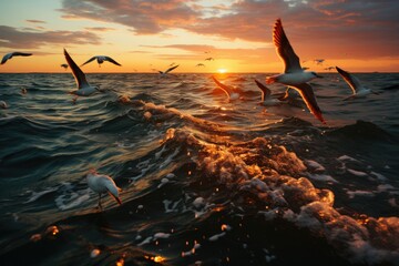 Canvas Print - Vertical photo of a flock of sea birds flying over the sea during sunset, generative IA