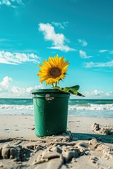 Canvas Print - A vibrant sunflower blooming from a green trash bin on a beach against a beautiful blue sky with fluffy clouds