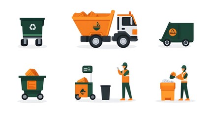 A set of orange and green icons representing garbage collection. Vector graphics on a white background depict an orange truck with trash cans in the back, a man wearing a uniform carrying