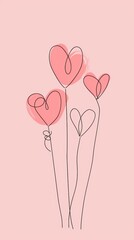 A minimalist line drawing of three hearts on a pastel pink background 