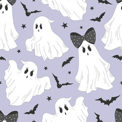 Wall Mural - Cute ghost vector seamless pattern. Coquette Halloween background.