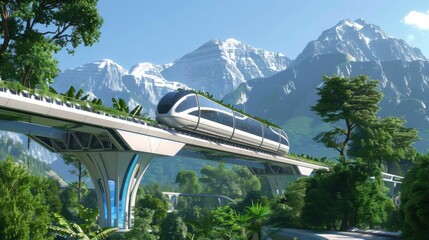 A futuristic train is traveling over a bridge in a mountainous area