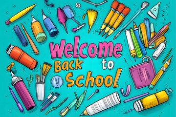 Trendy cartoon welcome back school background with school supplies and collage halftone hand holding a pencil