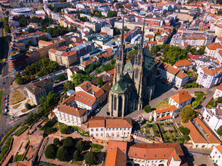 Aerial view  of Brno city with the cathedral of St. Peter and Paul, Czech Republic.