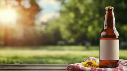 Customizable beer bottle on a picnic table, summer and social gatherings concept