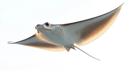 Underwater of a river, a stingray is seen swimming, displaying its broad fins and spotted skin, shown on a white background