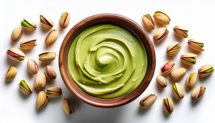 Wall Mural - bowl of creamy pistachio butter and nuts on white background, top view
