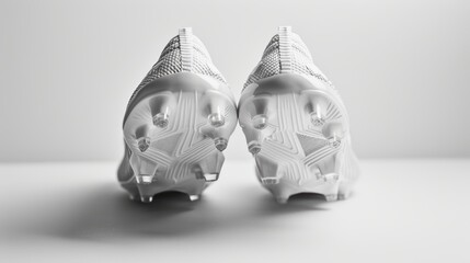 Pair of white soccer cleats standing up on white background