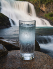 Wall Mural - a glass filled with clean drinking water, cooled and refreshing, against a beautiful landscape, nature with a waterfall and a forest