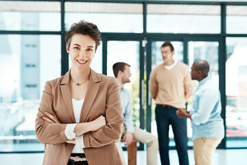 Poster - Crossed arms, office and portrait of business woman with confidence, leadership and company pride. Corporate worker, professional and happy person in workplace for career, job and working with team