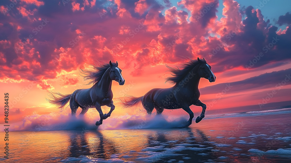 An image of three horses running in the water amidst a beautiful sky ...
