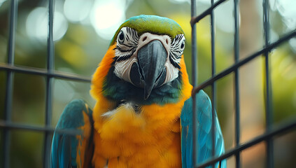 Vibrant close-up of a parrot in a cage, showcasing its bright feathers and curious expression in a natural setting.