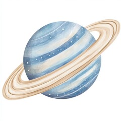 Illustration of the planet Saturn, in pastel blue and beige colors, on a white background, in a watercolor style