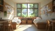 © horizon - Bright modern college dorm room, twin beds with crisp white linens, wooden desks and chairs, open textbooks, cork bulletin boards, posters on walls, large windows with natural.