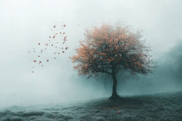 Stock illustration of a tree shaped like the head of a human with falling leaves