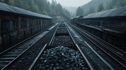 An industrial scene showcasing two coal-filled trains on parallel tracks surrounded by old warehouses and a misty forest hillside, exuding a somber and robust atmosphere.