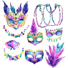 Wall Mural - Watercolor Mardi Gras Masks  Feathers and Beads