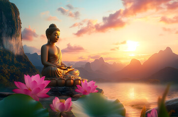 Wall Mural - buddha sitting on a lotus flower, with a background of the sky with the sun and mountains