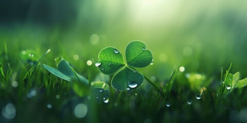 Wall Mural - Close-up of a dewy clover leaf in the morning sunlight, symbolizing freshness, luck, and natural beauty.