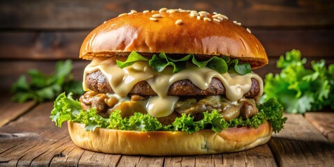 Wall Mural - Juicy beef patty topped with melted Swiss cheese, crispy fried mushrooms, and fresh lettuce, served on a soft, toasted kaiser bun.