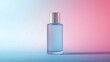 © horizon - Frosted glass cosmetic bottle with silver cap, soft light blue color palette, minimalist product photography, gradient background, subtle reflections, clean and elegant design.