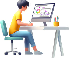 3D illustration of a graphic designer sitting and working with computer graphics software at a desk, side view