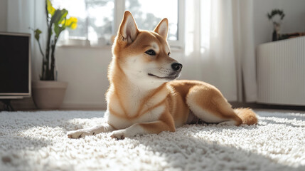 Shiba Inu dog lying on white carpet in stylish apartment, pet, breed, puppy, pet, domestic animal, house, living room, care, light background, floor, cute doggy, red fur, paws